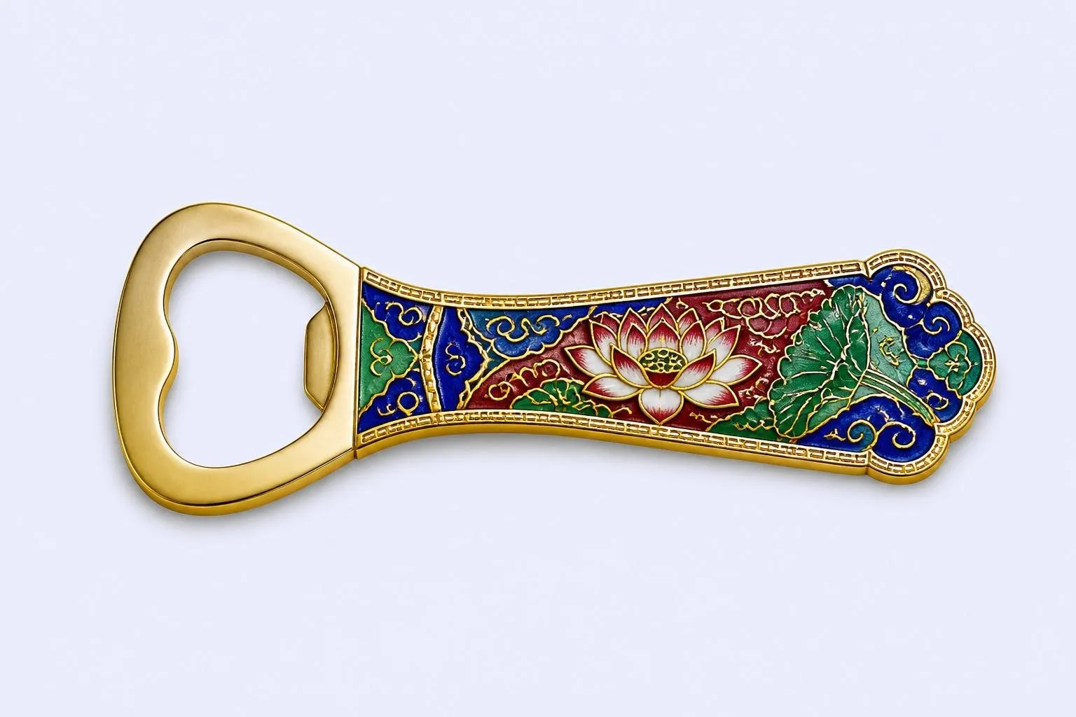 Cloisonne bottle opener with lotus and clouds