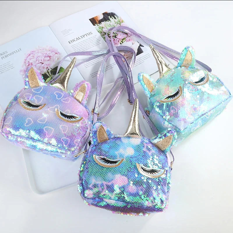 

2020 wholesale children heart print unicorn shape sequin crossbody bags handbags kids mini purse, Customizable