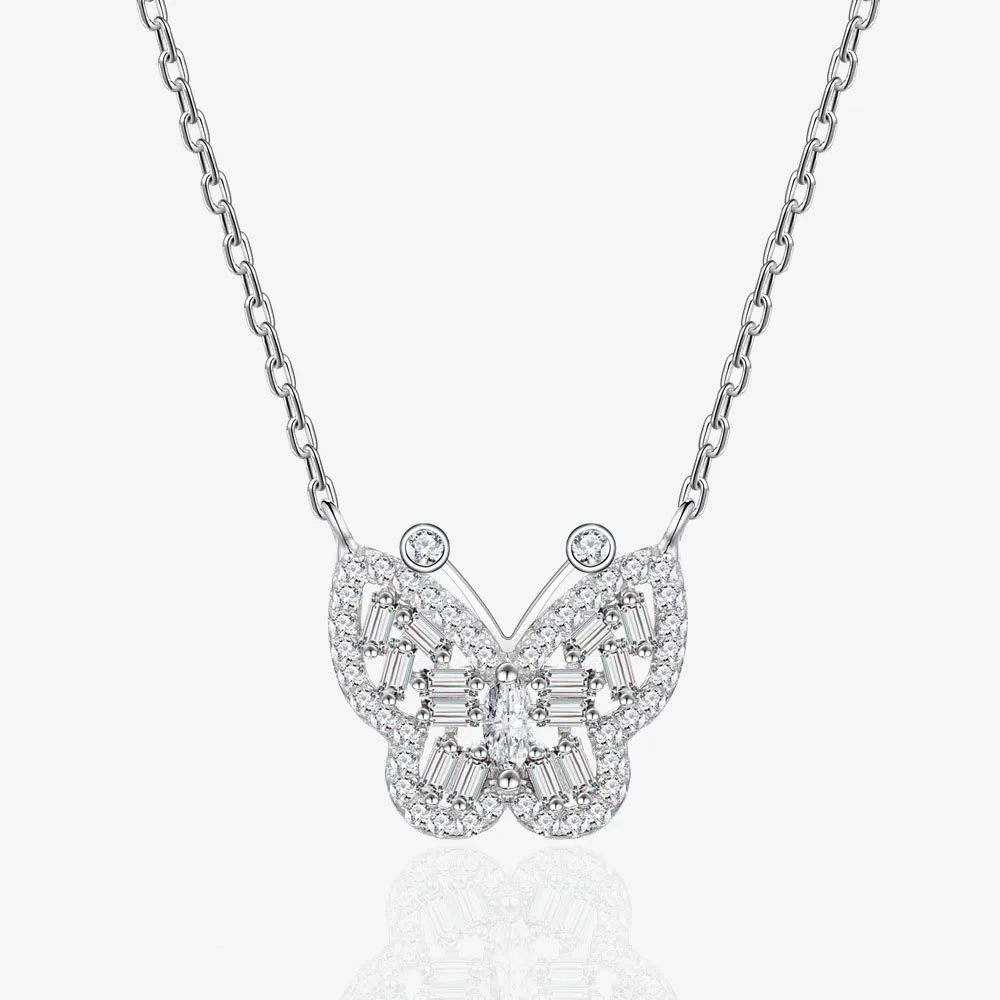 

French Style Trendy Butterfly 925 Sterling Silver Pendant Necklace Luxury Zircon CZ Butterfly Pendant Necklace for Women