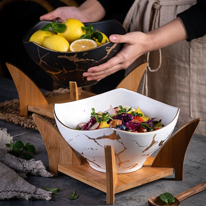 

Nordic creative fruit salad bowl with wooden frame marbled ceramic tableware household soup noodles