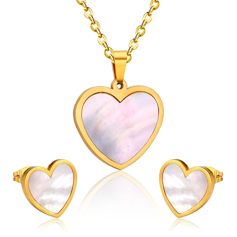 

Wholesale High Quality Trendy Fashion 316L Stainless Steel Partysu Heart Shape Shell Necklaces And Earrings Jewelry Sets, Gold,silver