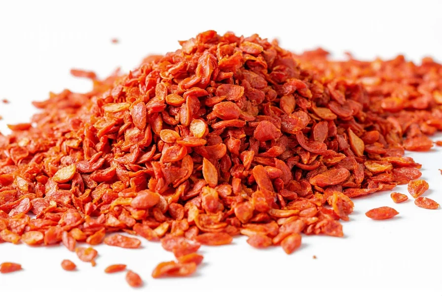 Close-up view of vibrant red chili flakes on white background showing texture and color variation