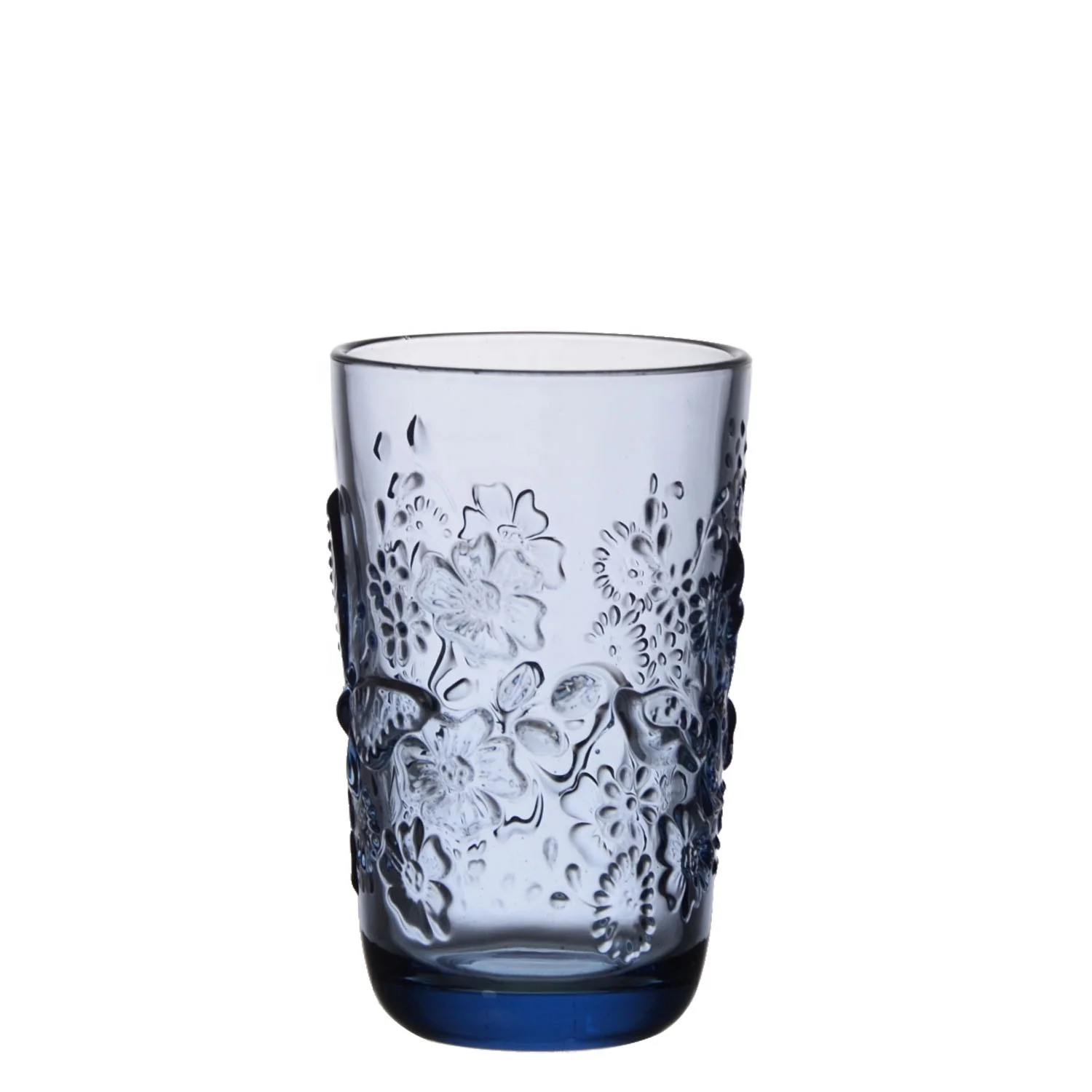 

Samyo Fast Delivery Pressed Engraved Butterfly Series Vintage Cobalt Blue Highball Glass Tumbler Water Juice Glass Cup, Clear