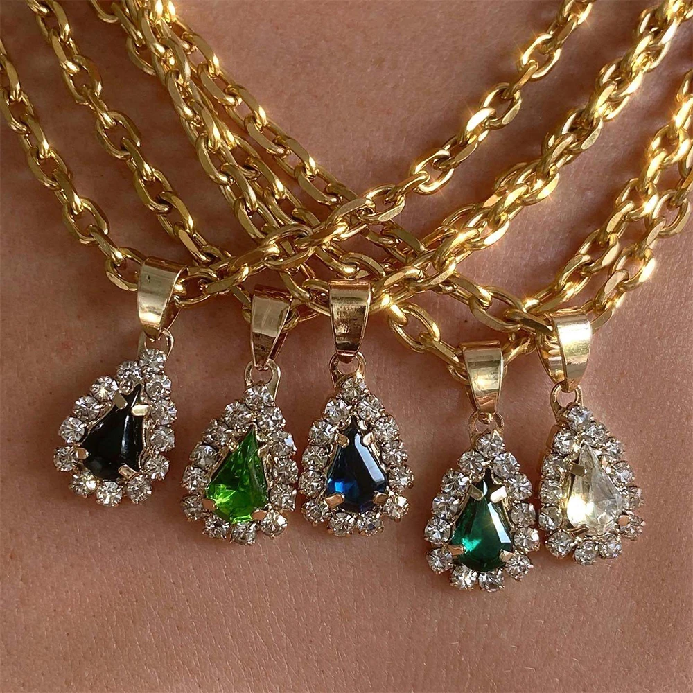 

Wholesale Gold Plated Ornament Water Drop Colorful Gem Zircon Crystal Pendant Necklace