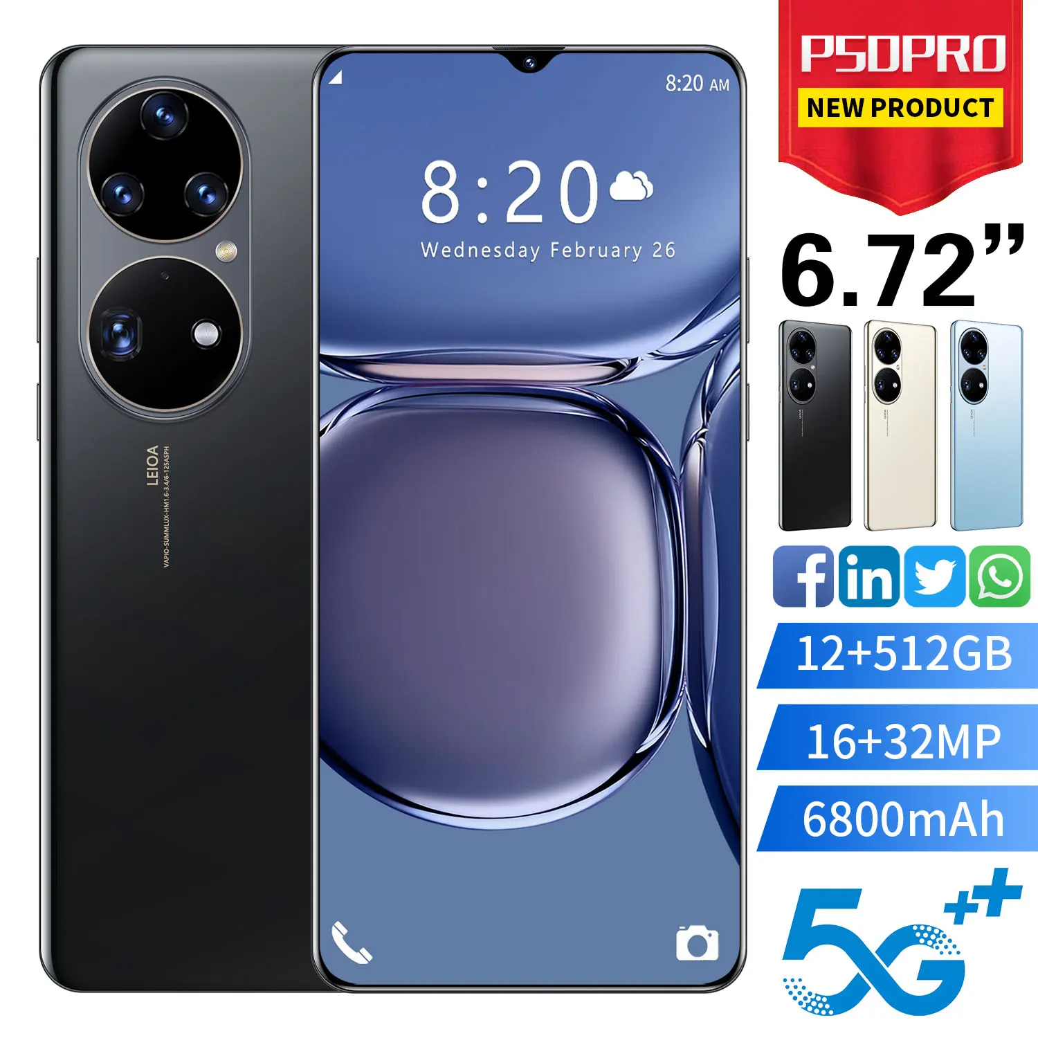 

Hot Selling P50 PRO original 12GB+512GB 16MP+32MP 6.7 Inch Gps Tracking Unlocked China Smartphone Android Mobile Smart Phone, Black gold blue