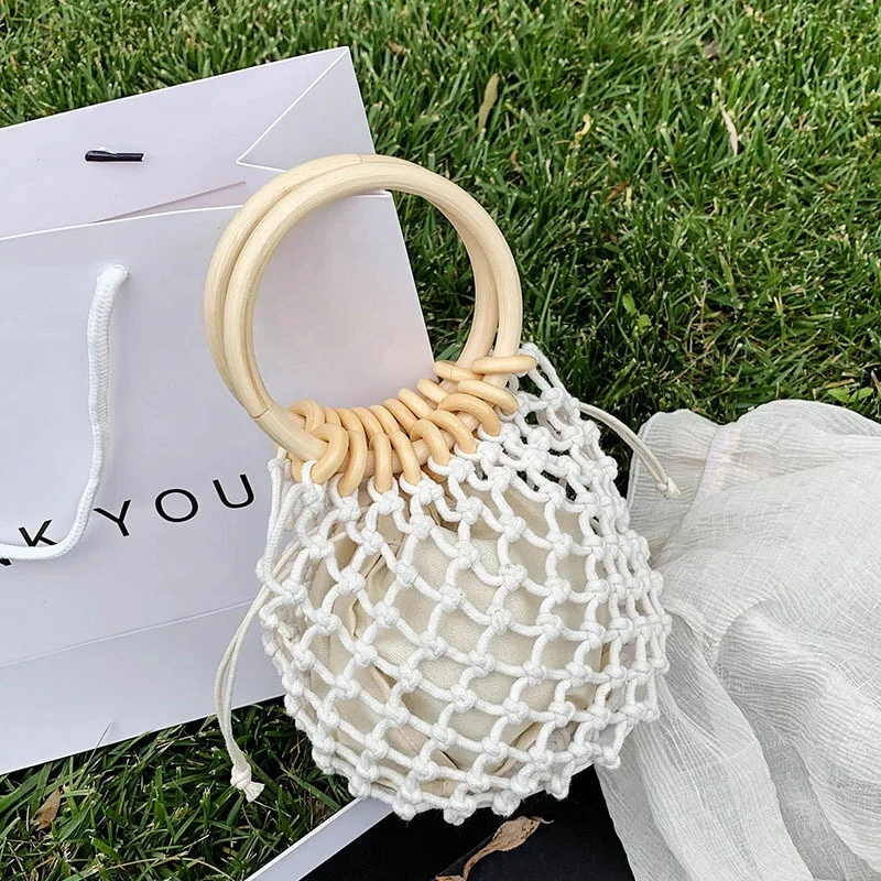 

ANMAI ANMAI summer hollow wooden handle mesh straw woven bag holiday handmade cotton rope mesh bag beach bag For ladies, Multi-color