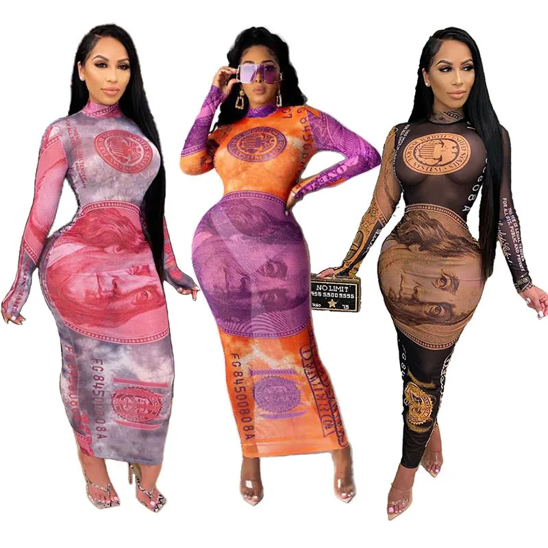 

XM-2073134 Casual new arrival long sleeve ink printing dress set outfits for woman clothing 2019 stylish sexy dress