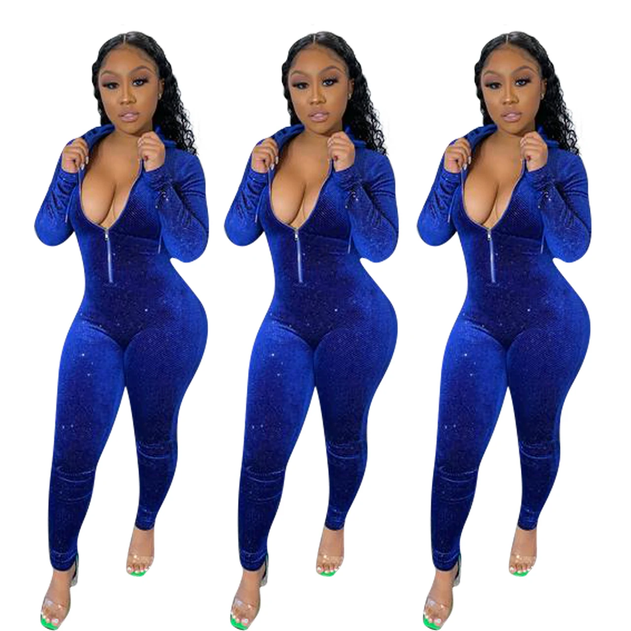 

Foma clothing YD8342 2021 new women clothing sequined plush hoodie jumpsuit women's zipper legging jumpsuit