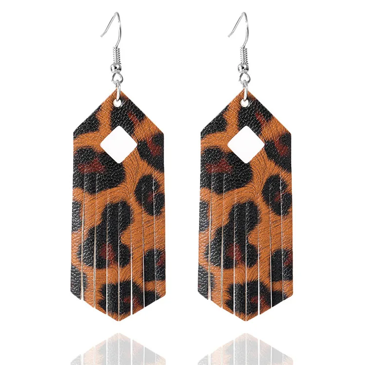 

Exaggerated Europe and America Style Hollow Rhombus Tassel PU Leather Leopard Earrings for Women, Pink,blue,red,yellow etc.