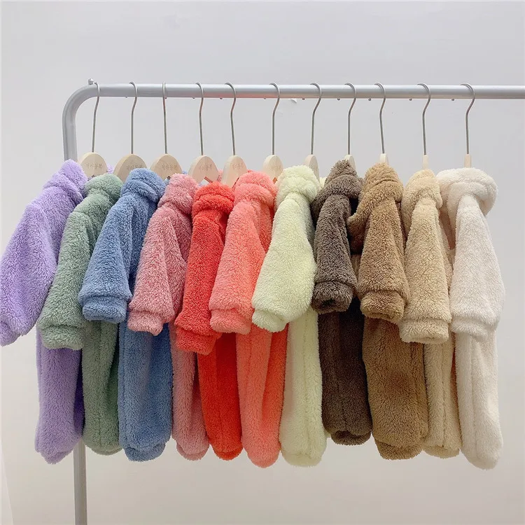 

Factory Direct Sale Infant Jumpsuit Toddlers Baby Thickening Warm Plush Hooded Clothes Pure Color Bear Coral Velvet Pajamas, Brown apricot