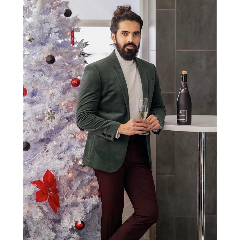 

New Arrival Men Suits Slim Fit Tuxedos Velvet Coat With Burgundy Pant With Party Christmas Casual Outfit For arket blazer Sets, As picture or custom color