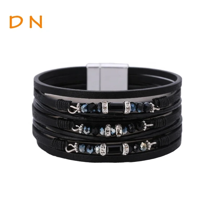

Dina Women Fashion Pu Leather Crystal Beads Multi-layer Bracelets Jewelry