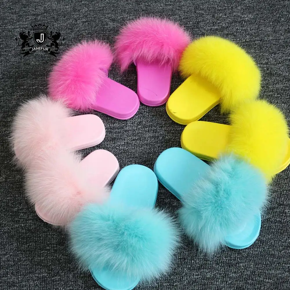 

Children cute Fox Fur Slippers Kids Real Fur Sandals Children Fur Slides, Customized color