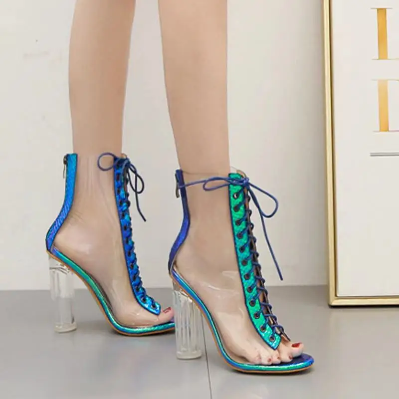 

New Arrivals Footwear For Lady Fashion Clear PVC Comfortable Chunky Heel High Heel Pumps Lace Up blue snake Women Ankle Boots, As picture