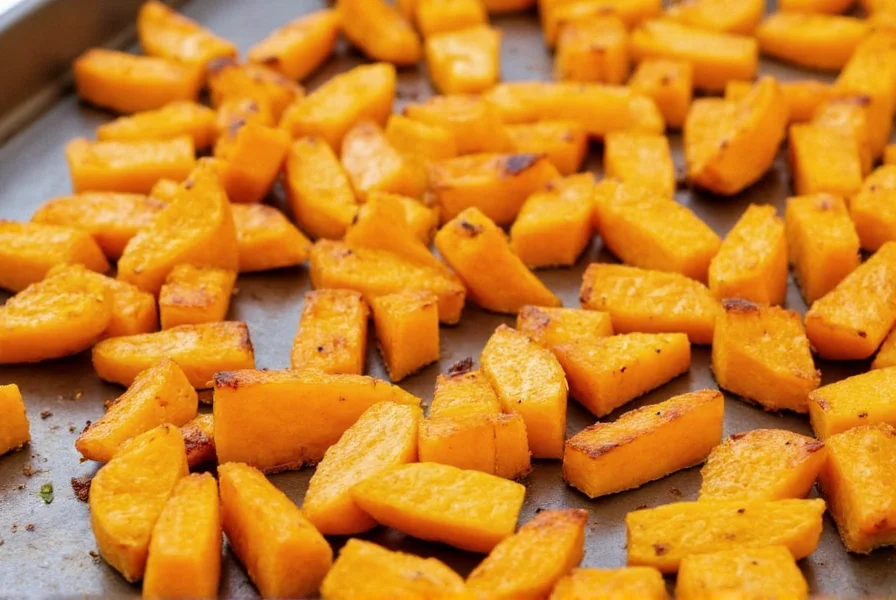 Perfectly roasted butternut squash cubes with caramelized edges on a baking sheet, ready to be added to chili