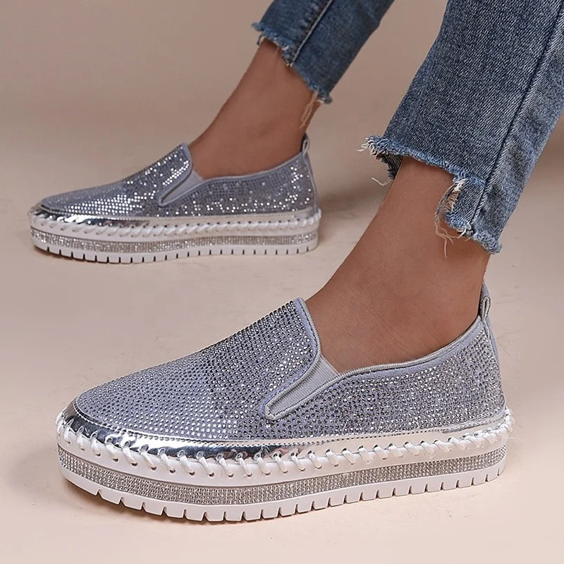 

Shiny Petant Leather Shoes Women Waterproof Sparkle Silver Casual Walking Shoes, Silver, pink