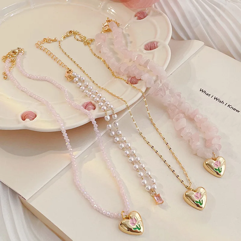 Dainty Crystal Pearl Heart Flower Choker Pendant Necklace Women Multi-layer Natural Rose Quartz Stone Beaded Necklace