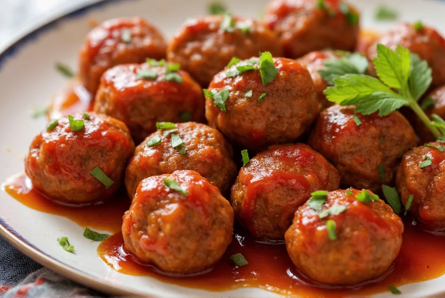 Close-up of glossy meatballs coated in homemade jelly and chili sauce with fresh herbs garnish