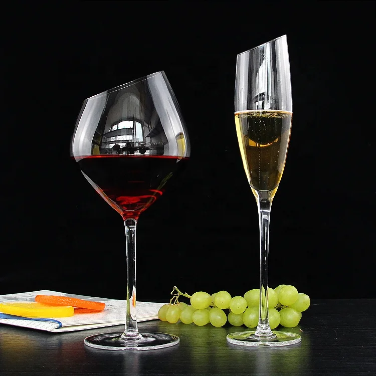 

Hot Selling New Unique Design Clear Hand Blown Wine Glass Crystal Slant Wine Glasses, Clear transparent
