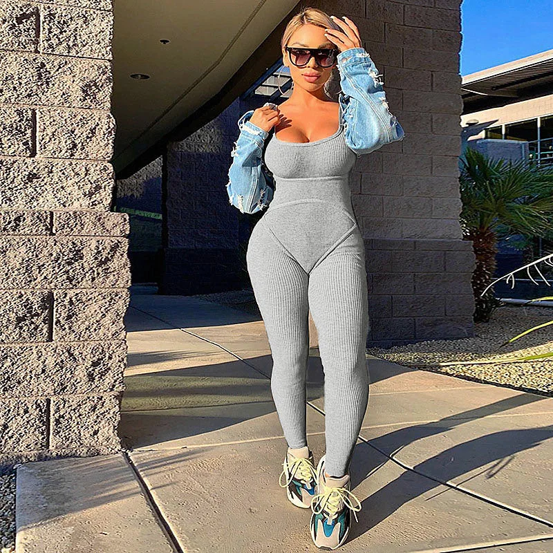 

Ladies Summer Casual Solid Color Romper Sleeveless One Piece Skinny Onesie Bodycon Yoga Workout Women Jumpsuit, Black,gray