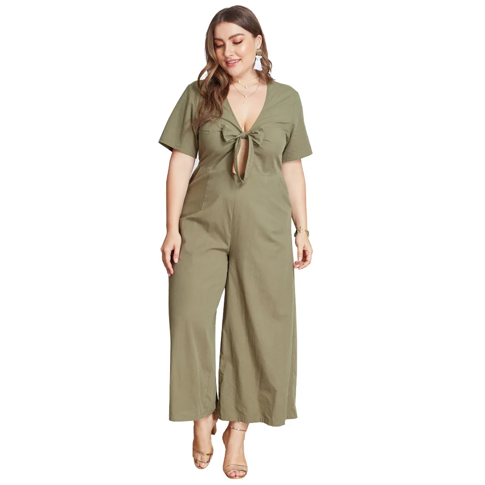 

Wholesale New Summer 2021 Short Sleeve V-Neck Solid Color Plus Size Casual Jumpsuit