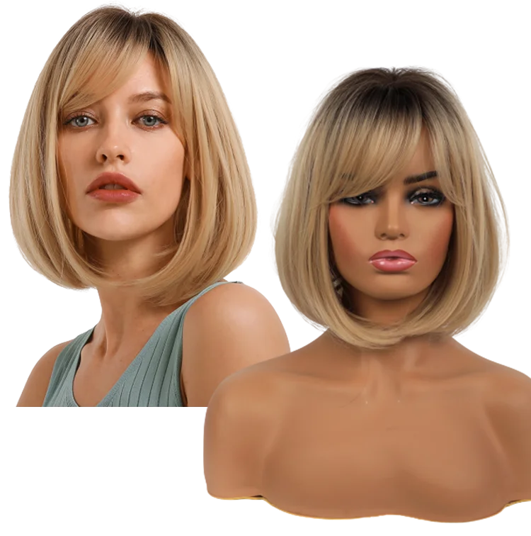 

BVR 14 Inches Wholesale Cheap Ladies Hair Blonde Short Bob Wigs Oblique Bangs Perruque Femme Courte Synthetic Hair Wigs