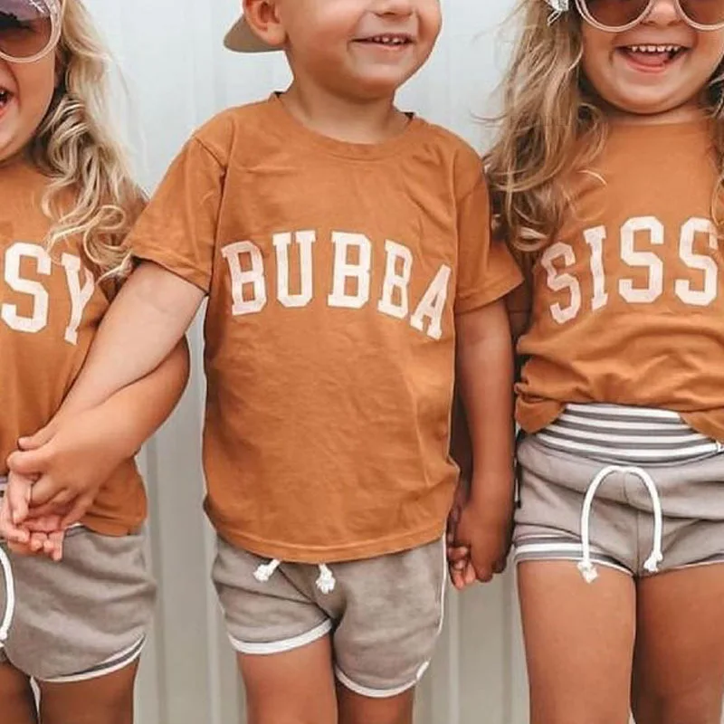 

Summer Kids Toddler Clothes Casual SISSY BUBBA Letter Print Short Sleeve Children Boys Girls Tshirt Tops, Photo showed and customized color