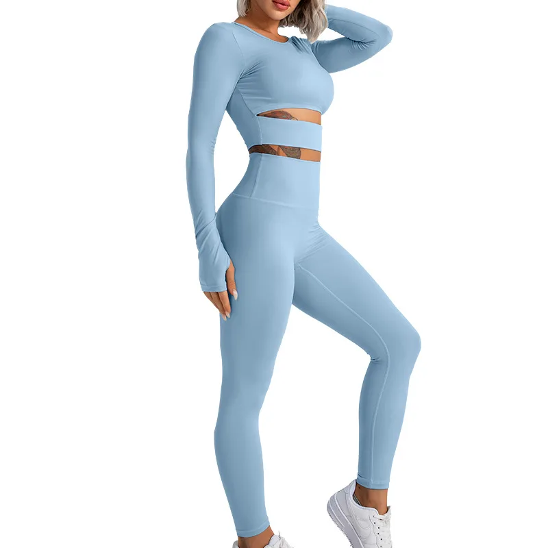 

2022 New Design High Waist Leggings and Sports Long-sleeved Yoga Tank Tops Without T-line Recycle Nylon 2 piece Recycled Sets