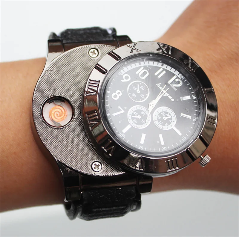 Hot Selling  USB Lighter Watch Men's Casual Wristwatches with Windproof Flameless Cigarette Cigar Lighter watch
