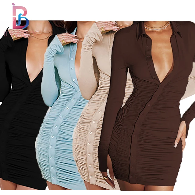 

Ibeauty 2022 Trendy Dress Casual Button Fly Causal Dress Women Pure Color Lapel V Neck Summer Trending Dress, Brown,black,beige,blue