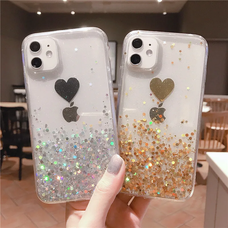 

Cute Bling Glitter transparent lovely heart soft silicone phone case for iphone 11 pro X XR XS Max 7 8 plus clean cover