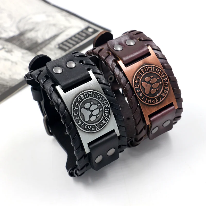 

Punk Style Personality Zinc Alloy Bear Footprints Adjustable Metal Buckle Wide Genuine Leather Cuff Bracelet for Men, Black,brown