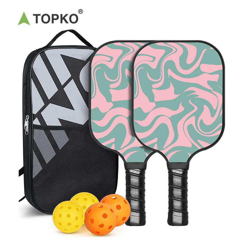 TOPKO in Stock Fiberglass Pickleball Paddle Set Colored Pattern Outdoor Sports 4-ball 2-racket 1-pack Pickleball Racket Set
