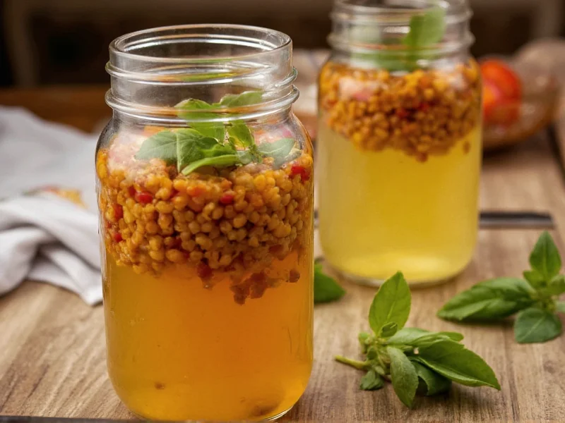 Lentil soup with golden broth in mason jar with fresh herbs