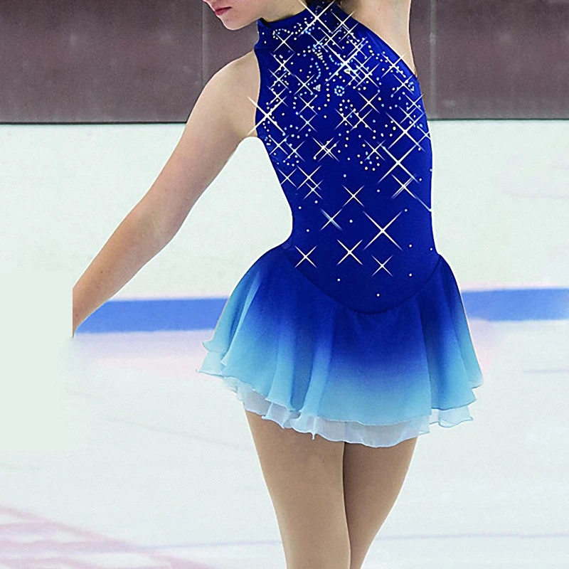 Vestido azul de patinaje artístico para niñas Vestidos de patinaje
