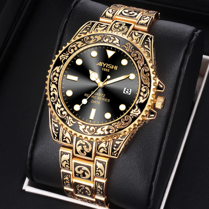 

Luxury Retro Golden Quartz Watches AIYISHI Top Brand Stainless Steel Luxury Calendar Waterproof Luminous Watch Man Wristwatches