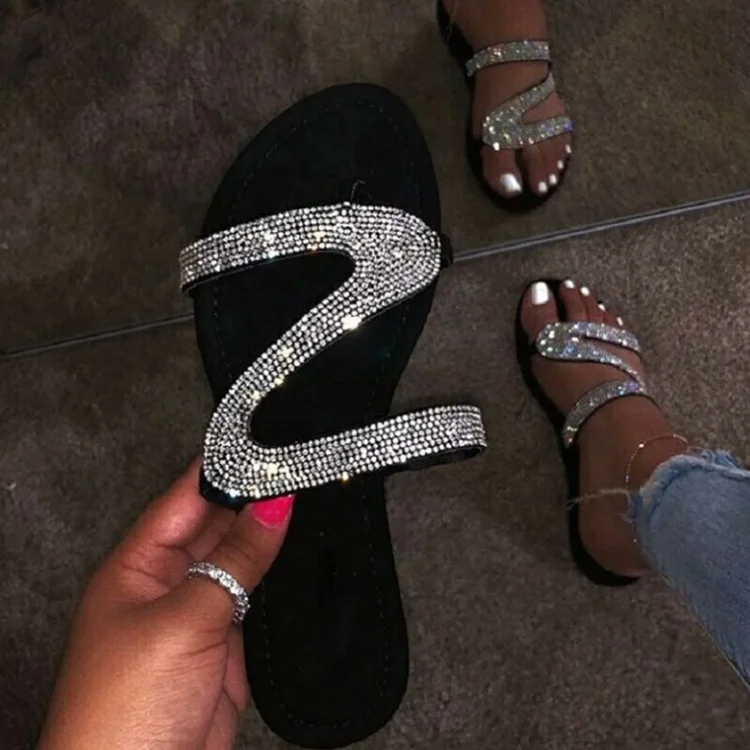 

Hot Models Flat Toe Female Sandals European American Fashion Rhinestone Plus Size Casual Flat-heeled Female Sandals Slippers, Multiple