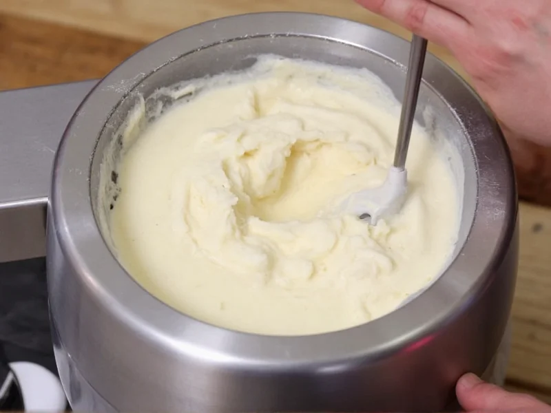 Electric ice cream maker churning creamy vanilla mixture