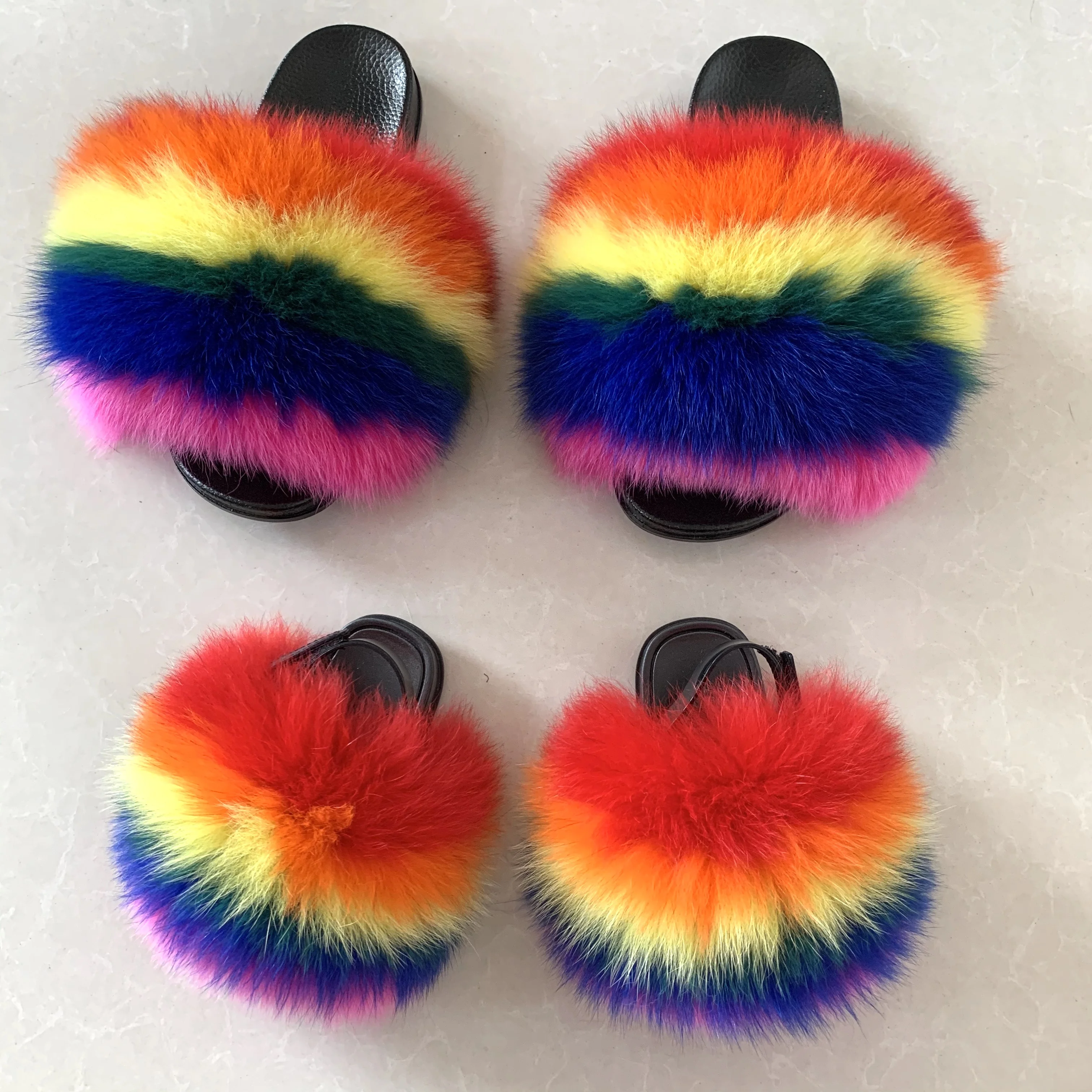 

New style soft and fluffy fur slides sandals soft fox and raccoon fur slippers women, We can dyeing any color
