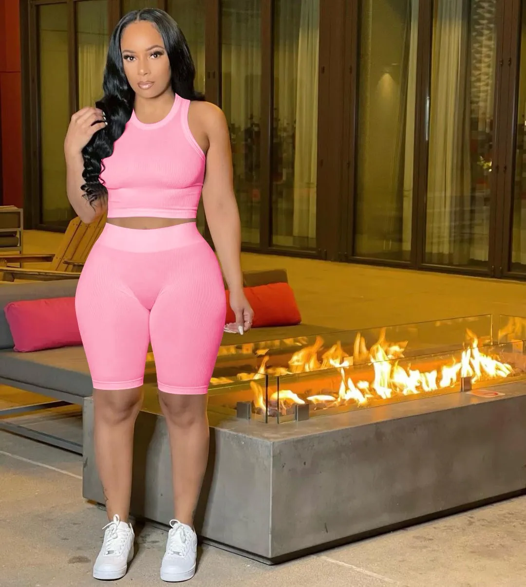 

Custom logo 2022 Casual 2 Piece Set Women Slim Fit Knit Womens Tank Top Set Fashion Custom Biker Shorts Set