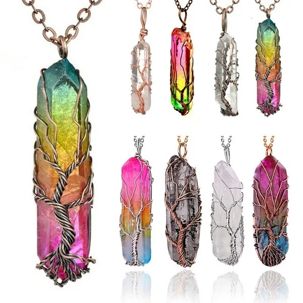 

Natural white crystal color plated hexagonal column Tree of Life crystal pendant Necklace, Multi color