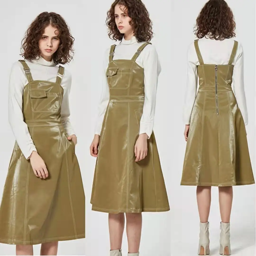 

2021 spring Italian girls leisure Customer customization Pu Shiny shoulder straps dress with pockets long slip dress
