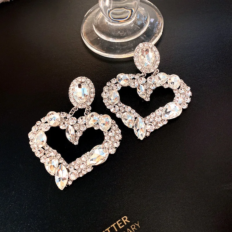 

Statement Bling Colorful Diamond Large Heart Drop Earrings Gemstone Rhinestone Heart Shaped Pendants Earrings, Picture shows/custom color