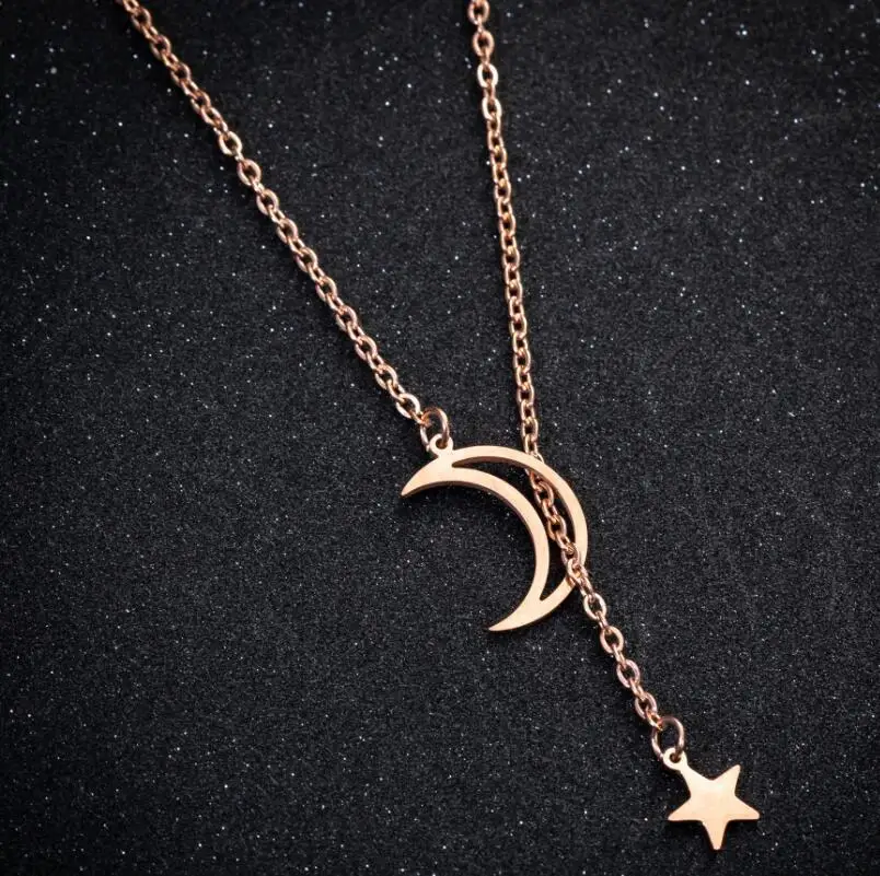 

Newest Stainless Steel Jewelry Gold Silver Rose Gold Available Moon Star Necklace Long Stainless Steel Star Moon Necklace