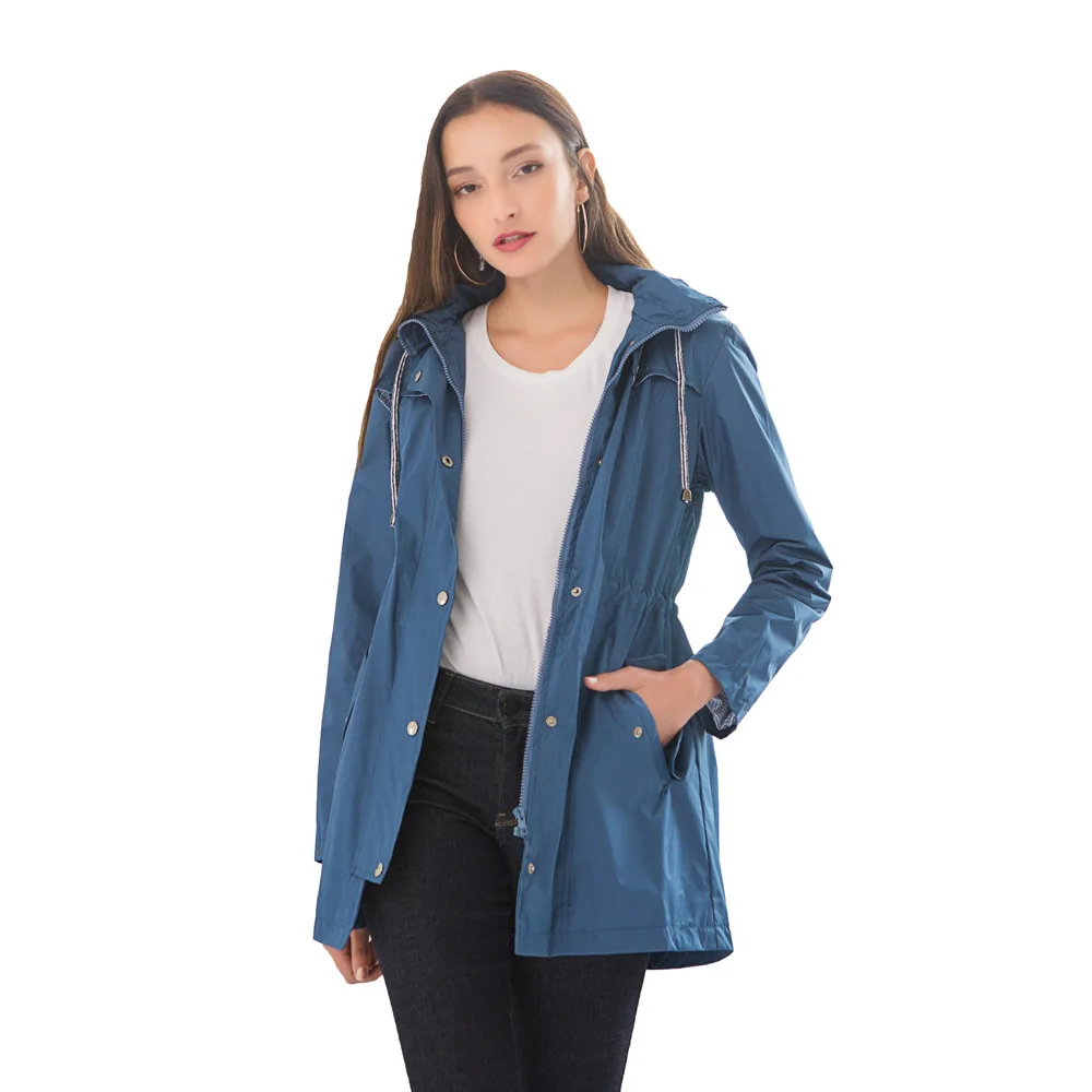 

Casual Waterproof Waist Hooded Windbreaker Female Autumn Long Raincoat Female Coat