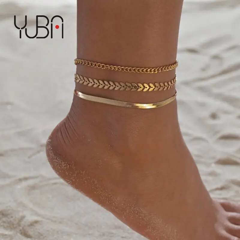 

2021 3 Pcs/set Layered Anklets Women Summer Beach Gold Plated Leaf Beaded Snake Bone Chain Anklets for Women