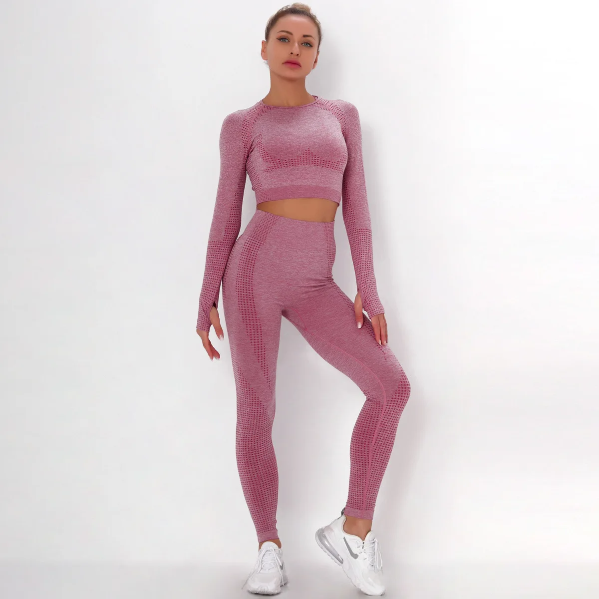 

Hot Sale Women High Waist Yoga Suits Multicolor Fitness Wear Seamless Long Sleeve Scrunch Butt Women's Sports Gym Yoga Set, Picture shows