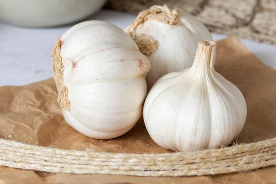 Close-up view of a single peeled and unpeeled garlic clove showing size and texture