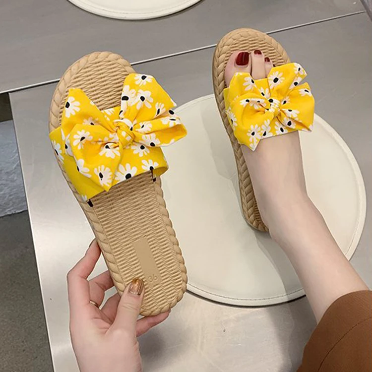 

2022 New Color Floral Fabric Bow Flat Non-slip Slippers Beach Sandals