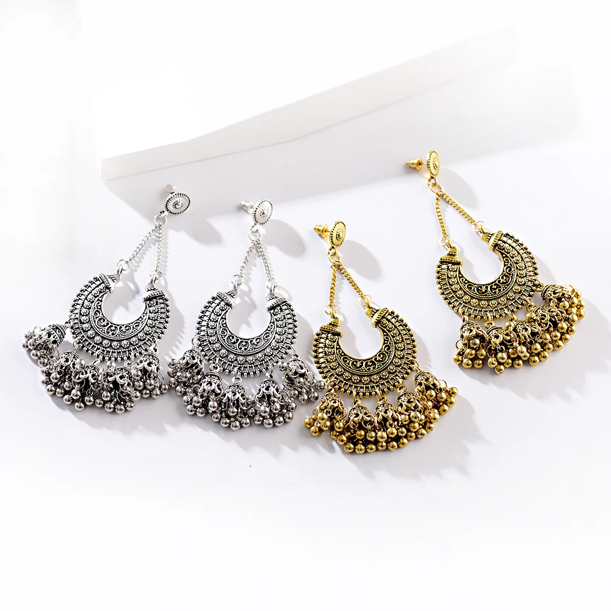 

Women's Vintage Ethnic Gypsy Water Drop Gold Indian Earrings Boho Jewelry Retro Bell Tassel Hollow Ladies Jhumka Earring, Multi-color